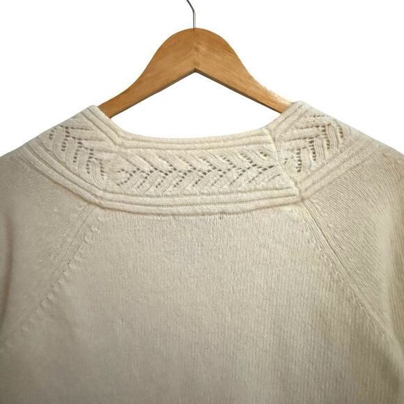 Womens Cream V-Neck Sweater Medium Pointelle Preppy Cottagecore Wool Rabbit Hair - Picture 6 of 12